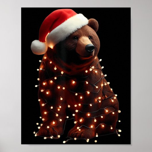 Bär mit Weihnachtsmannmütze und Weihnachtslicht We Poster (Vorne)
