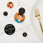 Bar Mitzvah 2 Foto Black Gold Tallit Skript Bold Konfetti<br><div class="desc">Fügen Sie Ihrem Lieblings-Bar Mitzvah-Feier-Party einen besonderen Stil mit diesem anpassbaren Tisch Konfetti! Grafische Imitate Goldfolien handgeschriebene Skripttypografie, handgezeichnete tallisierte Linien, Star of David und fett, weiße Sans Serif Typografie überlagern einen ausgeklügelten, dramatischen schwarzen Hintergrund auf einer Seite. Ihre Bar Mitzvahs Fotos sind auf der anderen Seite. Personalisieren Sie den...</div>