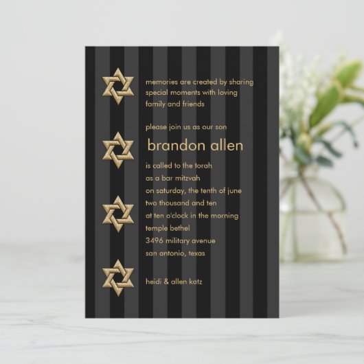 Bar Mitzvah, alle Farbstreifen Gold Star Einladung (Stehend Vorderseite)
