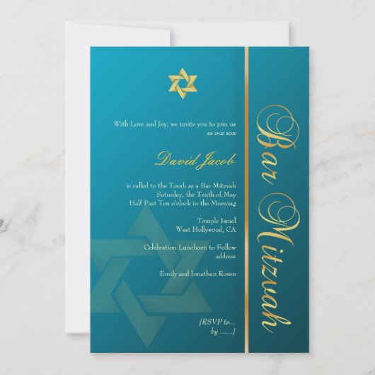 Bar Mitzvah/aquamarines Blau/Gold Einladung (Vorderseite)