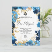 Bar Mitzvah\Bat Mitzvah,Birthday,Blue Gold Star Einladung (Stehend Vorderseite)