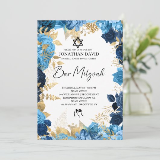 Bar Mitzvah\Bat Mitzvah,Birthday,Blue Gold Star Einladung (Stehend Vorderseite)
