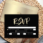 Bar Mitzvah Black Gold Foil Script Bold Entrée RSVP Karte<br><div class="desc">Seien Sie stolz, freuen Sie sich und präsentieren Sie diesen Meilenstein Ihres Lieblings-Bar Mitzvah! Inklusive dieser atemberaubenden, modernen, personalisierten UAWG Einsteckkarte für Ihre Veranstaltung. Graphische Imitate Goldfolienkalligraphie-Skript überlagert einen reichen, dramatischen, schwarzen Hintergrund. Personalisieren Sie den benutzerdefinierten Text mit dem Datum "Antwort bis". Personalisieren Sie den benutzerdefinierten Text mit dem Datum...</div>