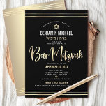 Bar Mitzvah Black Gold Foil Script Hebräischer Nam Einladung<br><div class="desc">Seien Sie stolz, freuen Sie sich und präsentieren Sie diesen Meilenstein Ihres Lieblings-Bar Mitzvah! Senden Sie diese atemberaubende, moderne, raffinierte, personalisierte hebräische Namenseinladung für eine Veranstaltung, an die Sie sich erinnern können. Graphische Imitate Goldfolienkalligraphie-Skript, Star of David, und handgezeichnete tallit Linien, überlagern einen reichen, dramatischen, schwarzen Hintergrund. Ein Imitat goldener...</div>