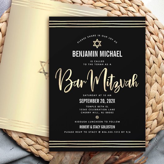 Bar Mitzvah Black Gold Foil Script kühl modern Einladung
