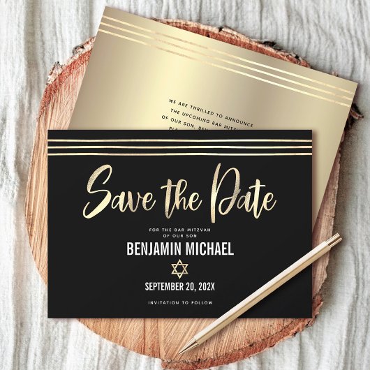 Bar Mitzvah Black Gold Foil Script Tallit Modern Save The Date