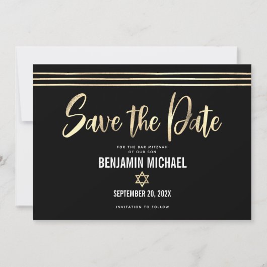Bar Mitzvah Black Gold Foil Script Tallit Modern Save The Date (Vorderseite)