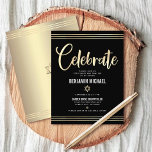 Bar Mitzvah Black Gold Foil Tallit Script Modern Begleitkarte<br><div class="desc">Seien Sie stolz, freuen Sie sich und präsentieren Sie diesen Meilenstein Ihres Lieblings-Bar Mitzvah! Fügen Sie diese atemberaubende, moderne, personalisierte Einlage für zusätzliche Informationen zu Ihrer Veranstaltung ein. Graphische Imitate Goldfolienkalligraphie-Skript, Star of David, und handgezeichnete tallisierte Linien überlagern einen reichen, dramatischen, schwarzen Hintergrund. Ein Imitat goldener Star von David und...</div>