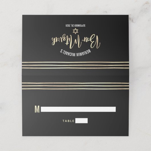 Bar Mitzvah Black Gold Foil Tallit Script Modern Platzkarte (Außenseite Aufgefaltet)