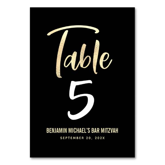 Bar Mitzvah Black Gold Script Modernes, feines Ele Tischnummer (Vorderseite)