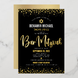 Bar Mitzvah Black Modern Script Stylish Real Gold Folieneinladung