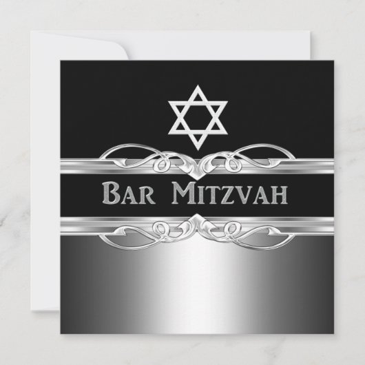 Bar Mitzvah Black Silver Metal Boy 2 Einladung (Vorderseite)