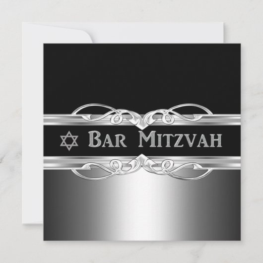 Bar Mitzvah Black Silver Metal Boy Einladung (Vorderseite)
