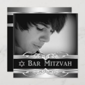 Bar Mitzvah Black Silver Metal männlich 2 Einladung (Vorne/Hinten)