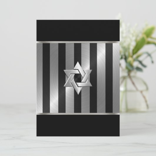 Bar Mitzvah Black und Silver Stripe Star von David Einladung (Stehend Vorderseite)