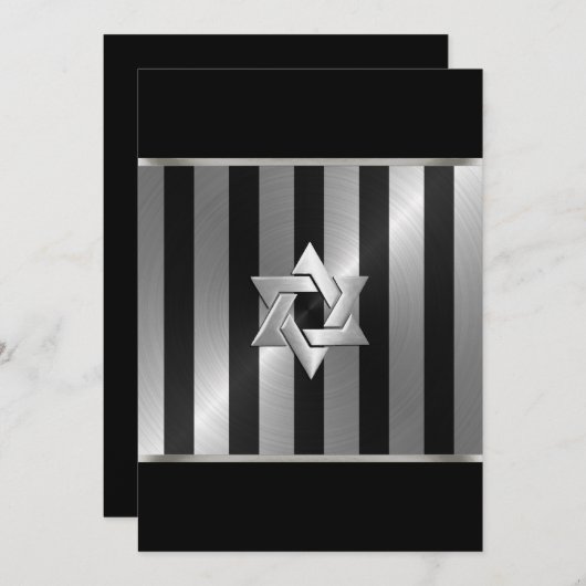 Bar Mitzvah Black und Silver Stripe Star von David Einladung (Vorne/Hinten)