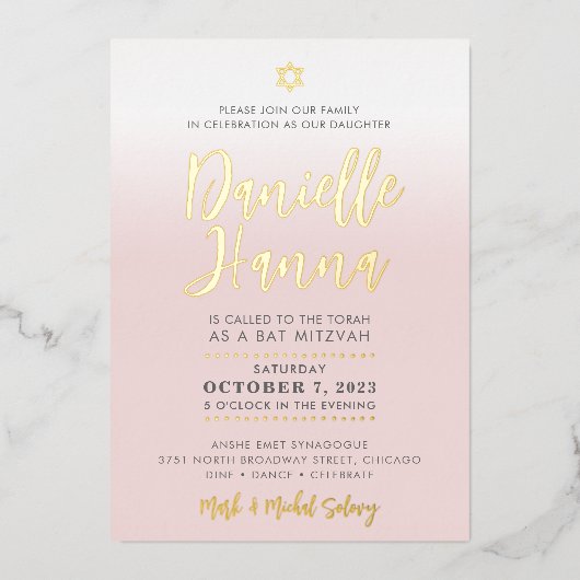 BAR MITZVAH Blassrosa gold Danielle Hanna Folieneinladung (Vorderseite)