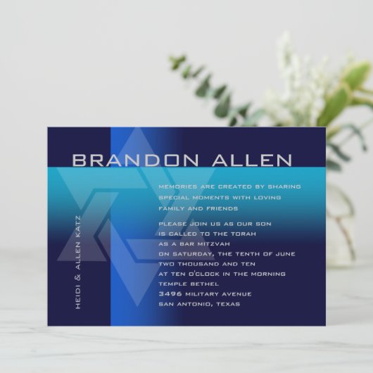 Bar Mitzvah Blau und Türkis auf jeder Farbe Einladung (Stehend Vorderseite)