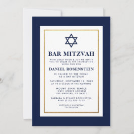 Bar Mitzvah Blau und Weiß Streifen Gold Einladung