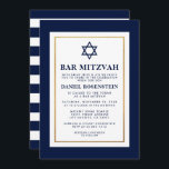 Bar Mitzvah Blau und Weiß Streifen Gold Einladung<br><div class="desc">Bar Mitzvah Blue White Gold Einladungs-Karte - Zurück gestreift</div>
