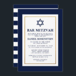 Bar Mitzvah Blau und Weiß Streifen Gold Einladung<br><div class="desc">Bar Mitzvah Blue White Gold Einladungs-Karte - Zurück gestreift</div>
