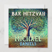 Bar Mitzvah Blauer und Grüner Baum des Lebens Einladung (Vorderseite)