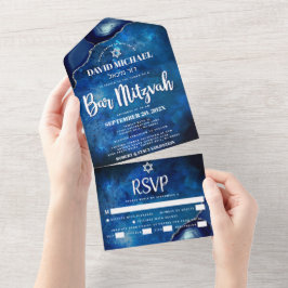 Bar Mitzvah Blue Galaxy Agate Watercolor Script All In One Einladung