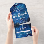 Bar Mitzvah Blue Galaxy Watercolor Agate Script All In One Einladung<br><div class="desc">Seien Sie stolz, freuen Sie sich und präsentieren Sie diesen Meilenstein Ihres Lieblings-Bar Mitzvah! Versenden Sie diese coole, einzigartige, moderne, maßgeschneiderte All-in-One-Einladung für eine Veranstaltung, an die Sie sich erinnern können. Die Typografie der weißen Schrift und der Star of David überlagern einen tiefblauen, galaxischen Aquarellhintergrund mit Stahlblau-Age mit silbernen Imitaten...</div>