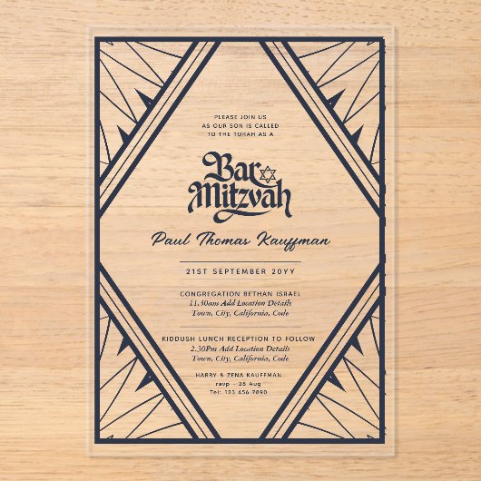 BAR MITZVAH Blue Gold Clear Luxus Minimalistisch Acryleinladungen (Vorderseite)