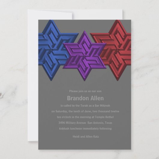 Bar Mitzvah Blue Lila und Red Star von David Einladung (Vorderseite)