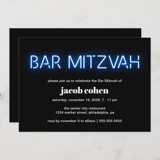 Bar Mitzvah Blue Neon Lights Einladung (Vorne/Hinten)