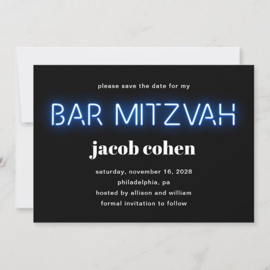 Bar Mitzvah Blue Neon Lights Save the Date Einladung (Vorderseite)