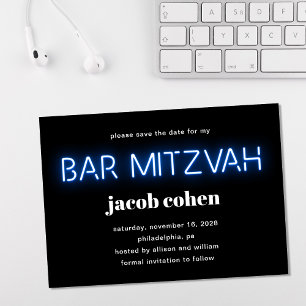 Bar Mitzvah Blue Neon Lights Save the Date Einladung