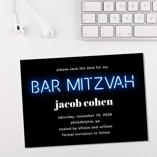 Bar Mitzvah Blue Neon Lights Save the Date Einladung