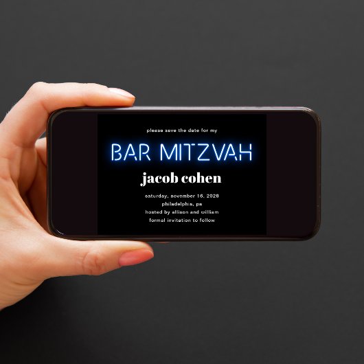 Bar Mitzvah Blue Neon Lights Save the Date Einladung