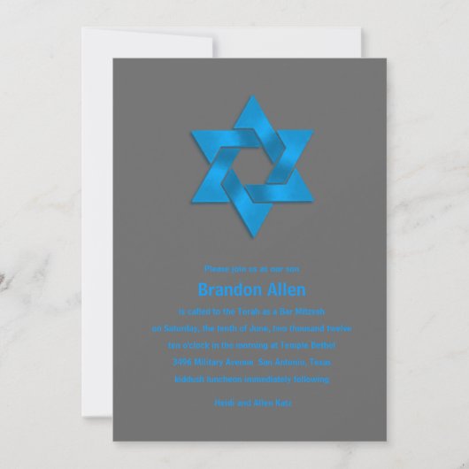 Bar Mitzvah Blue on Gray, Star von David Einladung (Vorderseite)