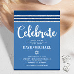 Bar Mitzvah Blue Silver Tallit Fett Modernes Scrip Begleitkarte<br><div class="desc">Seien Sie stolz, freuen Sie sich und präsentieren Sie diesen Meilenstein Ihres Lieblings-Bar Mitzvah! Fügen Sie diese coole, einzigartige, moderne, personalisierte Einlage für zusätzliche Informationen zu Ihrer Veranstaltung ein. Fett, weiße Schrift Typografie, Star of David und ein marineblau und silber Glitzer gestreift tallit inspirierte Grafik Overlay ein einfaches, cornblumenblauer Hintergrund....</div>