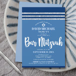 Bar Mitzvah Blue Silver Tallit Modernes, feines Sc Einladung<br><div class="desc">Seien Sie stolz, freuen Sie sich und präsentieren Sie diesen Meilenstein Ihres Lieblings-Bar Mitzvah! Versenden Sie diese coole, einzigartige, moderne, personalisierte Einladung für eine Veranstaltung, an die Sie sich erinnern können. Fett, weiße Schrift Typografie, Star of David und ein marineblau und silber Glitzer gestreift tallit inspirierte Grafik Overlay ein einfaches,...</div>