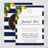 Bar Mitzvah Blue Stripe Modernes Foto Star von Dav Einladung (Vorne/Hinten)