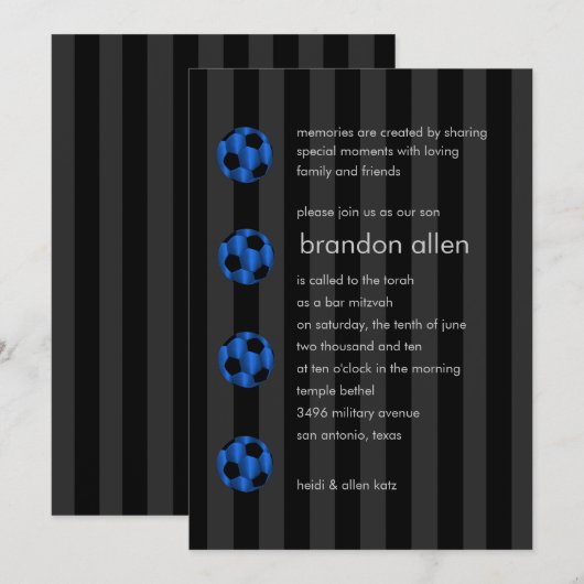 Bar Mitzvah Blue und Black Soccer Ball Einladung (Vorne/Hinten)