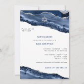 Bar Mitzvah Blue und Silver Agate Border Modern Einladung (Vorderseite)