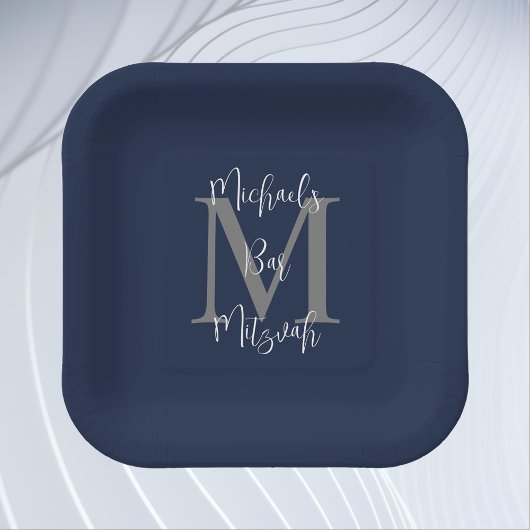 Bar Mitzvah Blue White Grey Name Monogram Pappteller