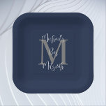 Bar Mitzvah Blue White Grey Name Monogram Pappteller<br><div class="desc">Was für eine wunderschöne,  personalisierte Papiertafel für einen jüdischen Bar Mitzvah Party Empfang. Hintergrund ist marineblau,  Monogramm grau,  Name weiß. Wählen Sie Platz oder Runde. Alle Rechte vorbehalten © 2024 Alan & Marcia Socolik.</div>