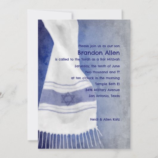 Bar Mitzvah Blue White Star von David Tallit Einladung (Vorderseite)