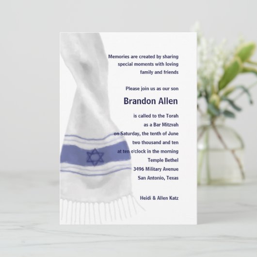Bar Mitzvah Blue White Star von David Tallit Einladung (Stehend Vorderseite)