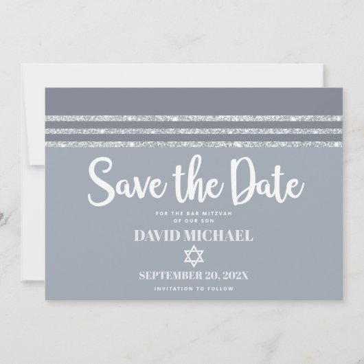 Bar Mitzvah Bold Modern Gray Silver Tallit Script Save The Date (Vorderseite)