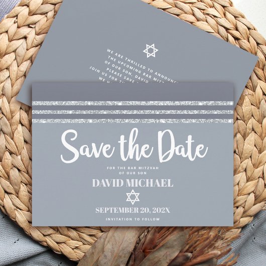 Bar Mitzvah Bold Modern Gray Silver Tallit Script Save The Date