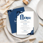 Bar Mitzvah Bold Modern Navy Blue Agate Script Menükarte<br><div class="desc">Seien Sie stolz, freuen Sie sich und präsentieren Sie diesen Meilenstein Ihres Lieblings-Bar Mitzvah mit einer Feier, auf die Sie stolz sein können! Lassen Sie sich von diesem atemberaubenden, modernen Menü mit Party verzaubern, das mit marineblauer Kalligraphie-Schrift, mutiger marineblau-weicher Typografie und Stahlblau-Age-Felsen mit silbernen Adern aus Imitaten und einem schlichten,...</div>