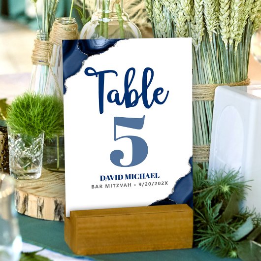Bar Mitzvah Bold Modern Navy Blue Agate Script Tischnummer