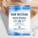 Bar Mitzvah Bold Modern Navy Typografie Blue Foil Einladung<br><div class="desc">Seien Sie stolz, freuen Sie sich und präsentieren Sie diesen Meilenstein Ihres Lieblings-Bar Mitzvah! Versenden Sie diese coole, einzigartige, moderne, personalisierte Einladung für eine Veranstaltung, an die Sie sich erinnern können. Metallische, hellblaue Pinselstriche aus der Folie, gewagte, marineblaue Typografie und Star of David überlagern einen einfachen, weißen Hintergrund. Personalisieren Sie...</div>